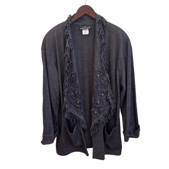 Vintage Carole Little Knit Fringe Western Boho Studded Jacket Size Womens 14 - Picture 1 of 6